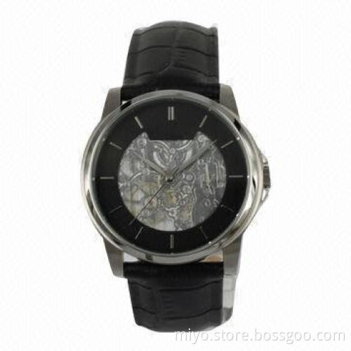 Men's Style Skeleton Automatic Watch with Stainless Steel Case, Genuine Leather Strap, 3ATM WRC